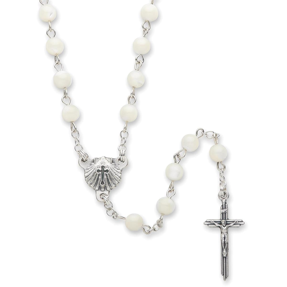 12.75"L WHITE MOTHER OF PEARL BAPTISM ROSARY IN GIFT BOX