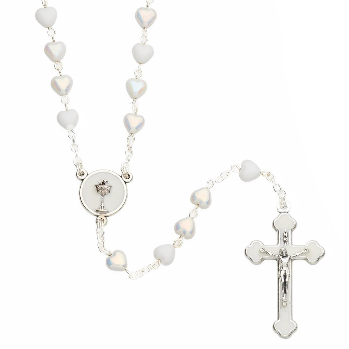 16"WHITE COMMUNION ROSARY W/ HEART SHAPED BEADS IN GREY BOX