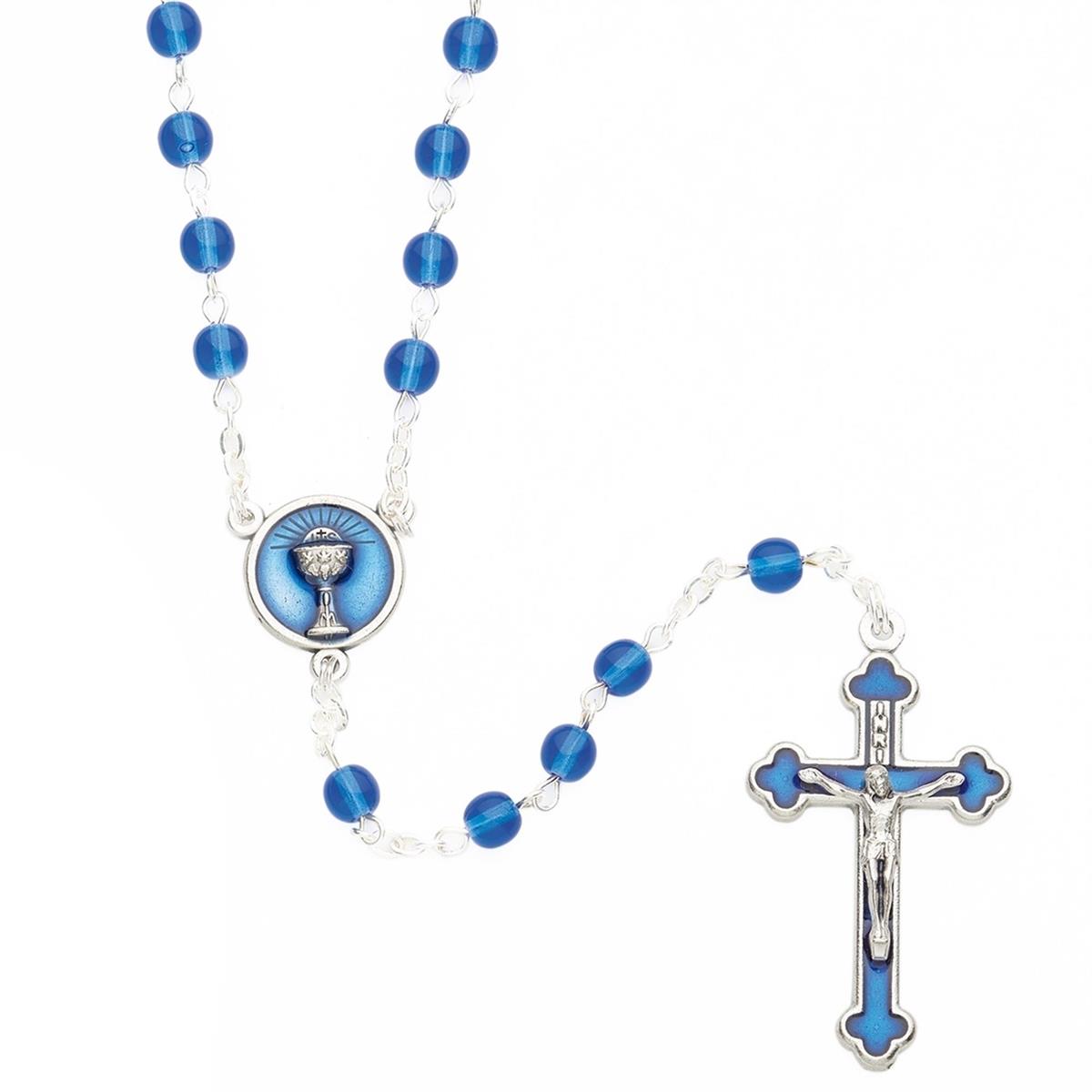 16" BLUE COMMUNION ROSARY W/ ROUND BEADS IN GREY BOX