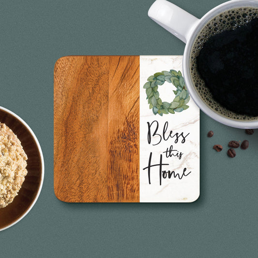 Wood Square Coaster Set - Bless This Home - 4/pk