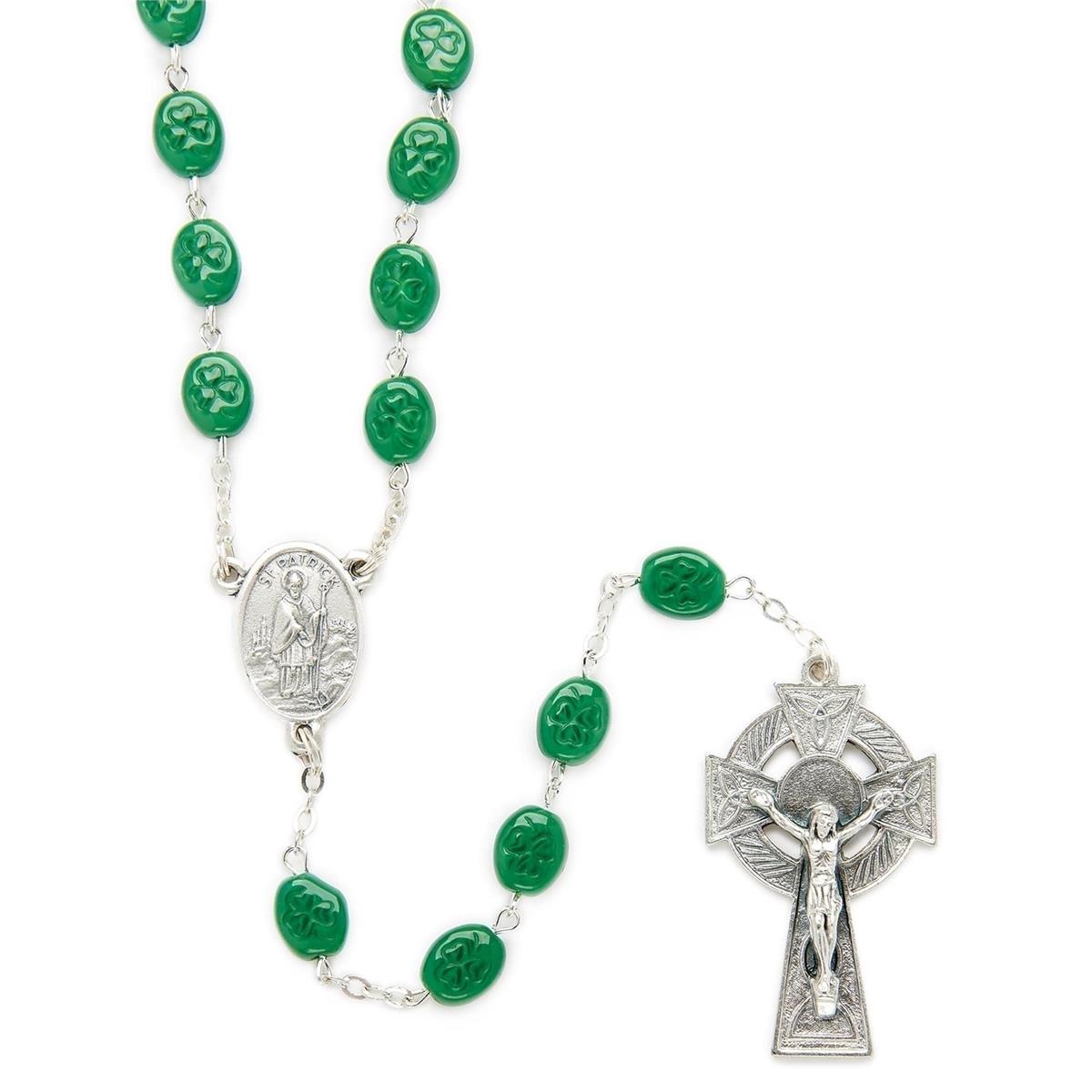 25"L ST PATRICK ROSARY GREEN SHAMROCK GLASS BEAD
