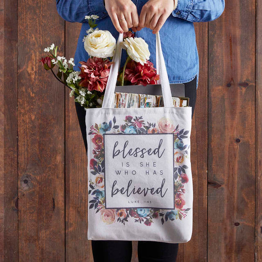 Blessed is She Who Has Believed Tote Bag with Inside Pocket