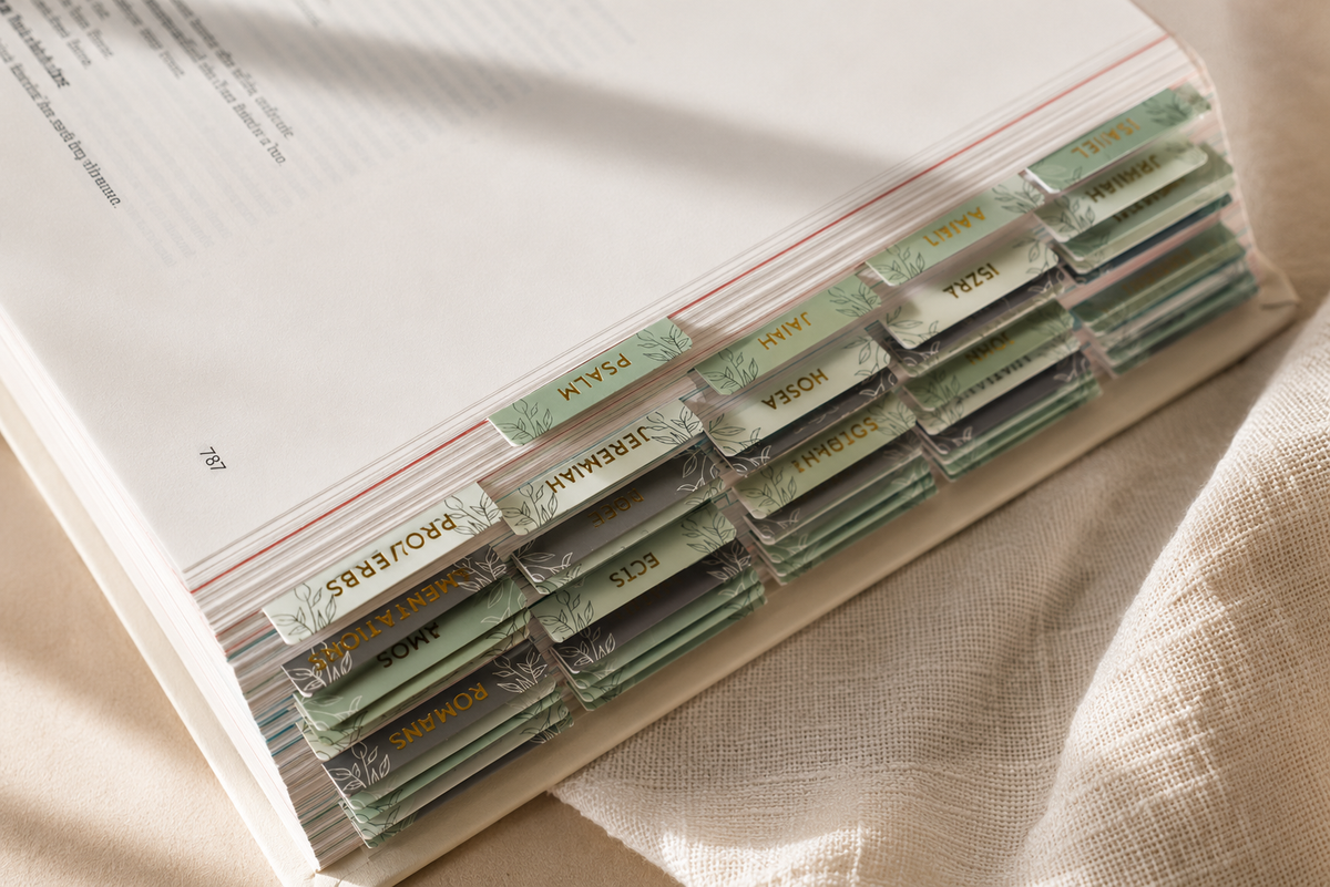 Bible Tabs — Pine Green + Gold Foil (Matte-Coated)