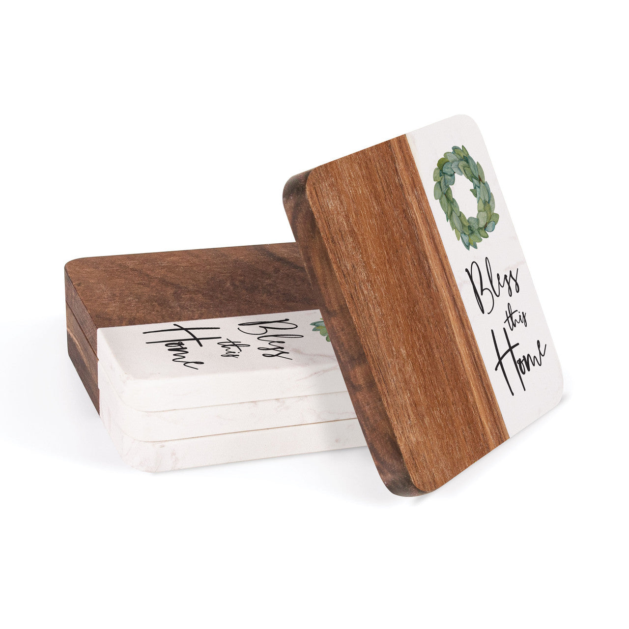 Wood Square Coaster Set - Bless This Home - 4/pk
