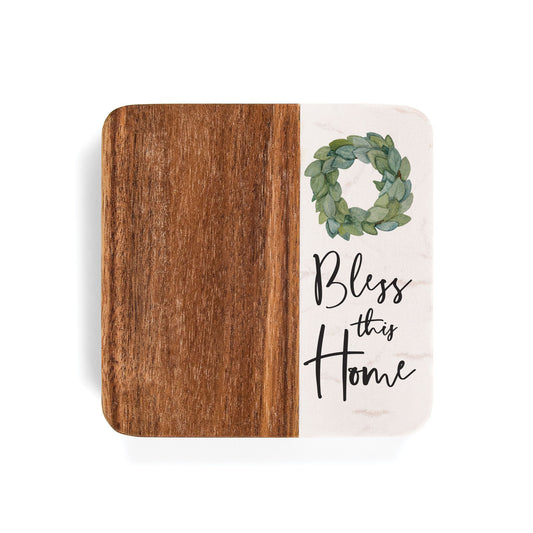Wood Square Coaster Set - Bless This Home - 4/pk