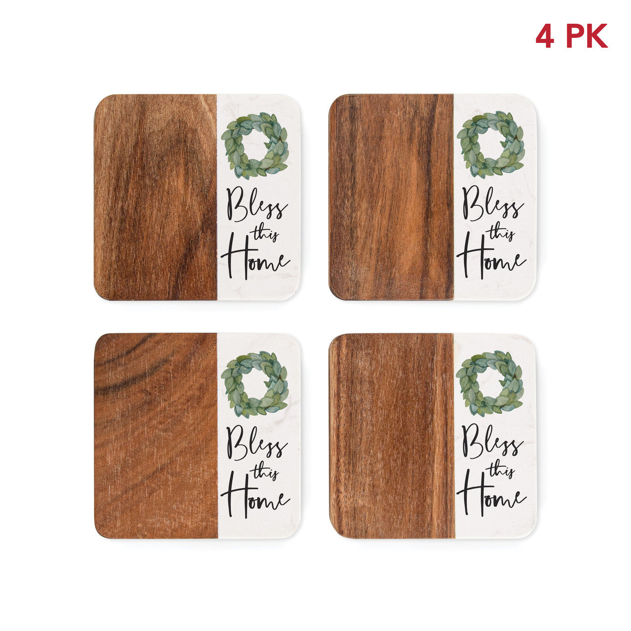 Wood Square Coaster Set - Bless This Home - 4/pk